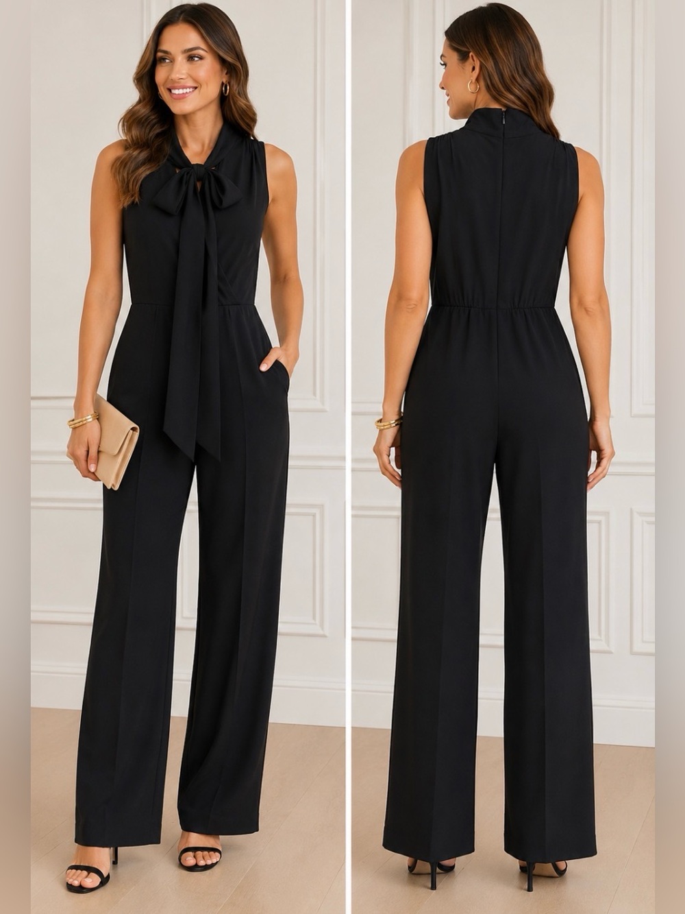 NWT White House Black Market Black Tie Neck Wide Leg Jumpsuit Size 4